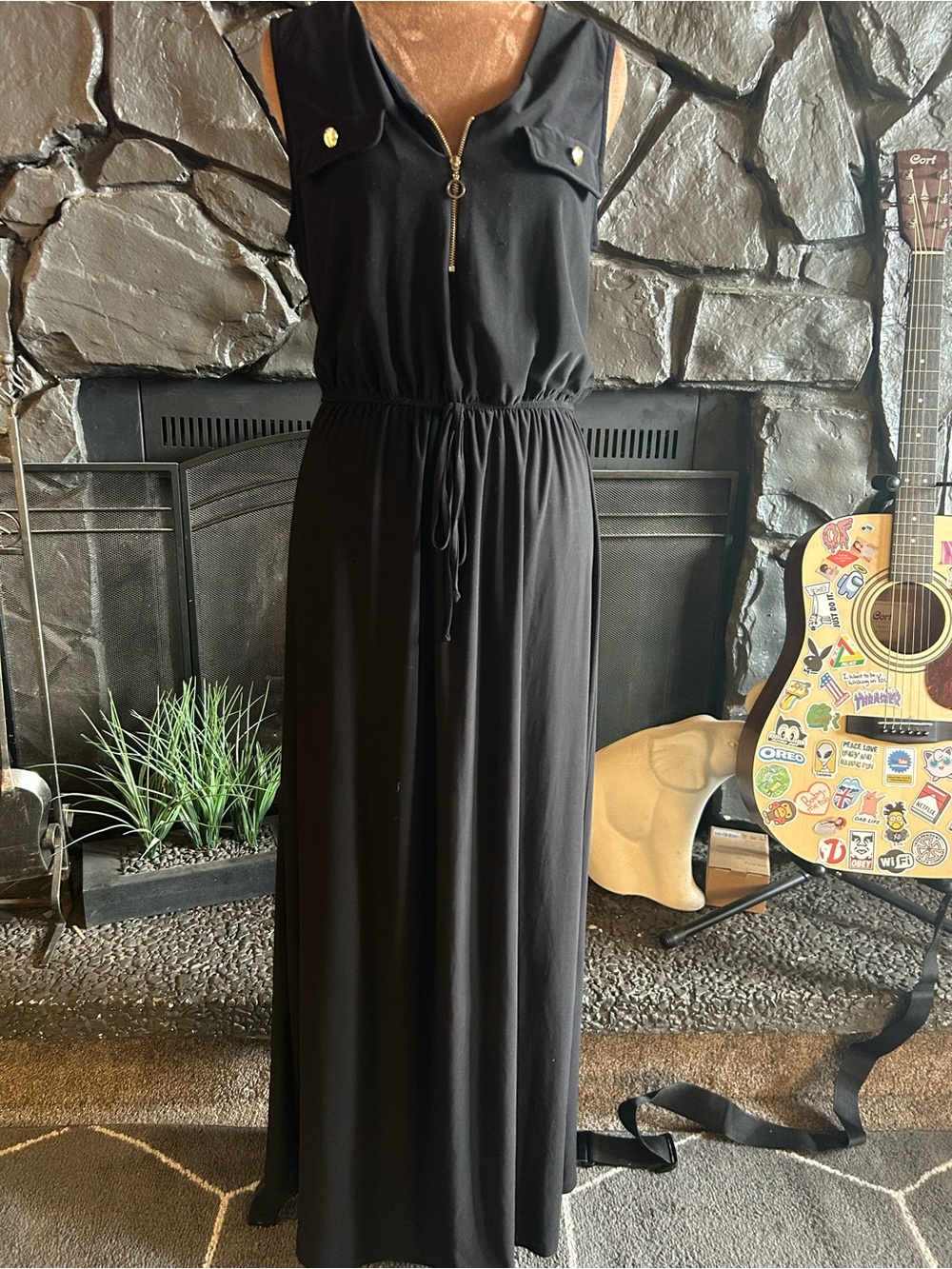 Emma & Michele Black Sleeveless Zip-Front Maxi Dress with Drawstring Waist